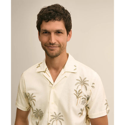 Cotton-Linen Camp Collar, Palm Tree Short-Sleeve Shirt