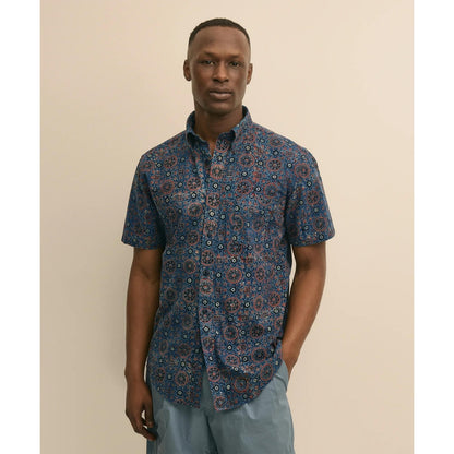 Cotton Camp Collar, Block Mosaic Print Short-Sleeve Shirt