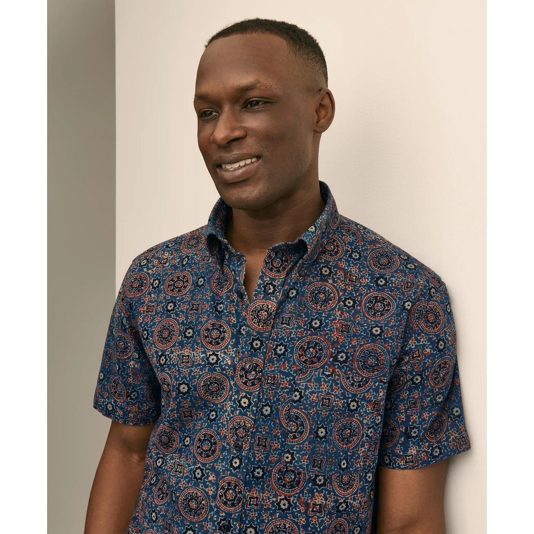 Cotton Camp Collar, Block Mosaic Print Short-Sleeve Shirt