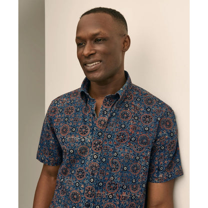 Cotton Camp Collar, Block Mosaic Print Short-Sleeve Shirt