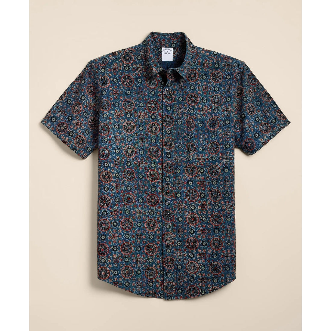 Cotton Camp Collar, Block Mosaic Print Short-Sleeve Shirt