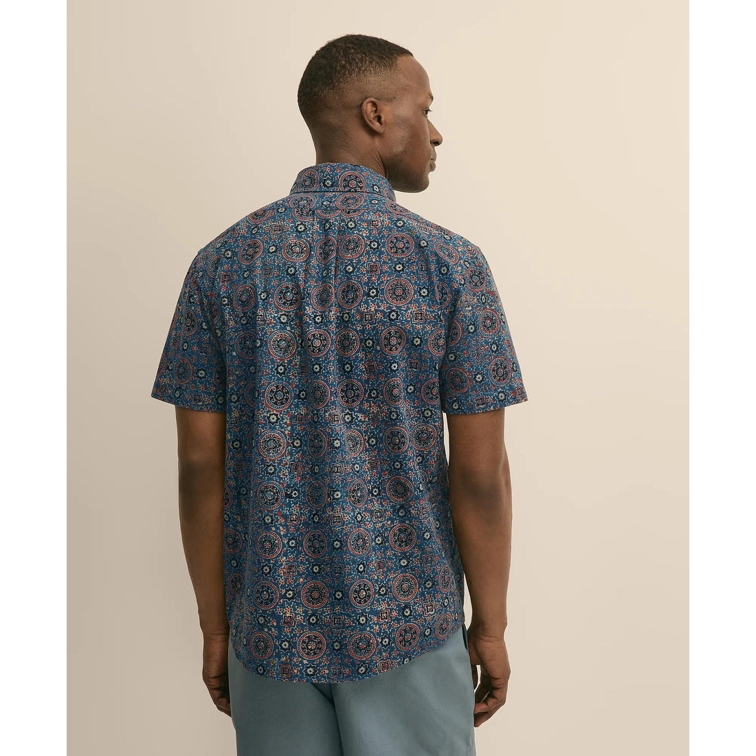 Cotton Camp Collar, Block Mosaic Print Short-Sleeve Shirt