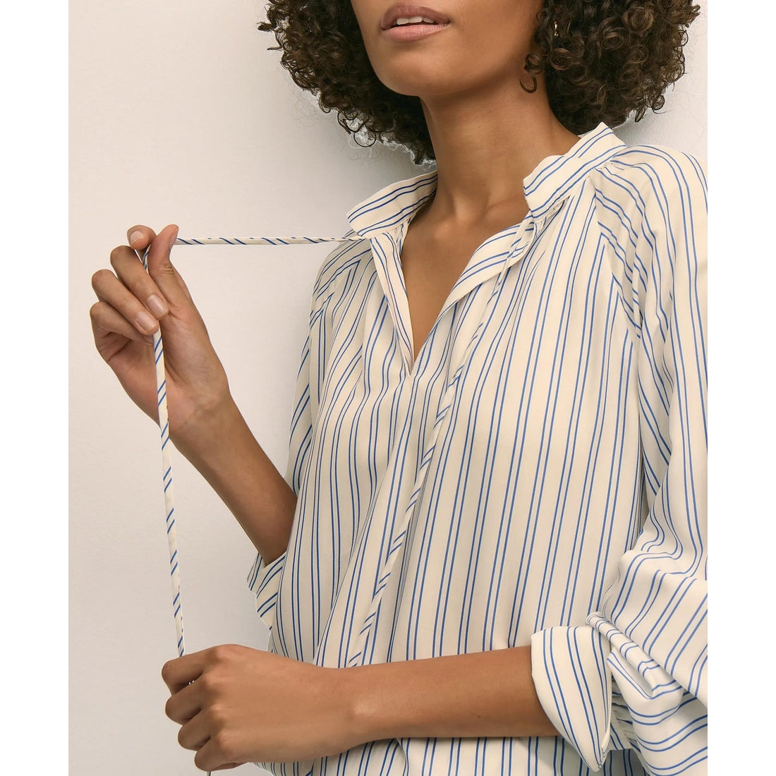 Relaxed Tie-Neck Stripe Peasant Blouse