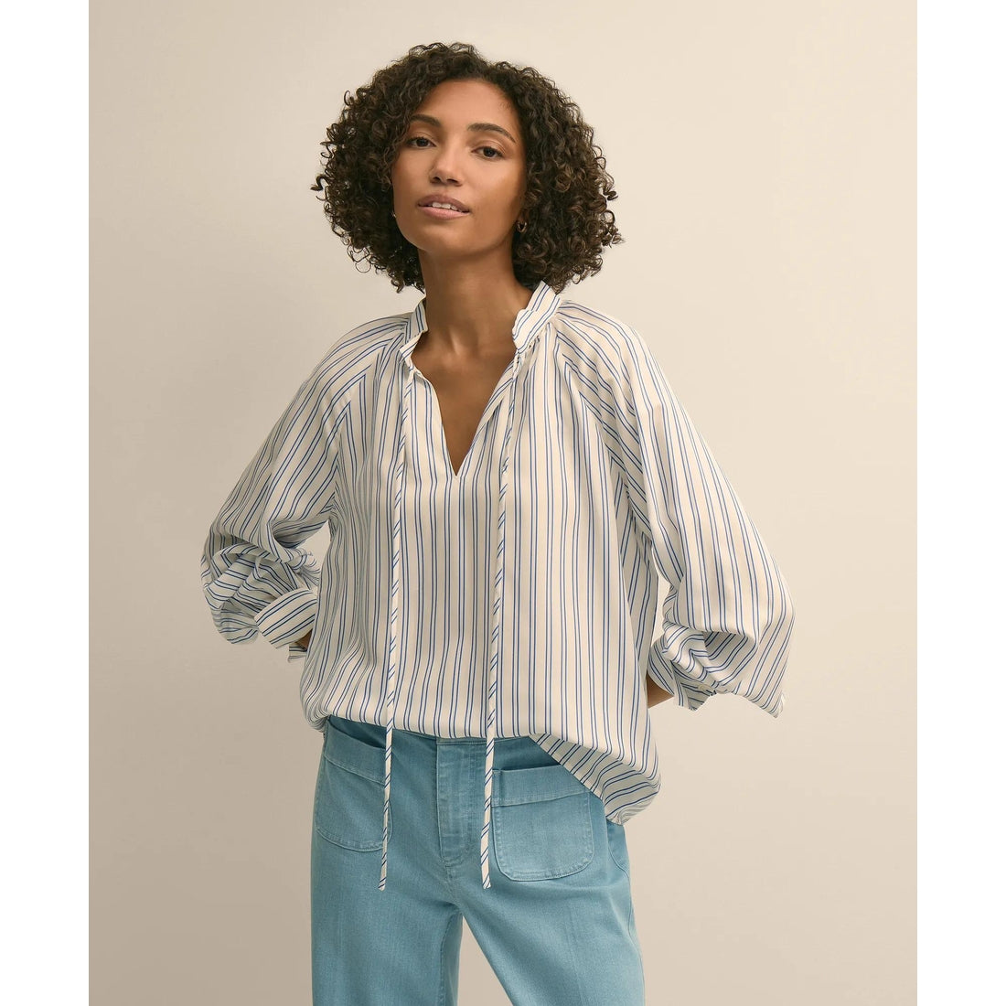 Relaxed Tie-Neck Stripe Peasant Blouse