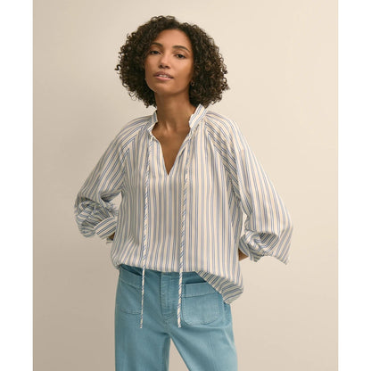 Relaxed Tie-Neck Stripe Peasant Blouse