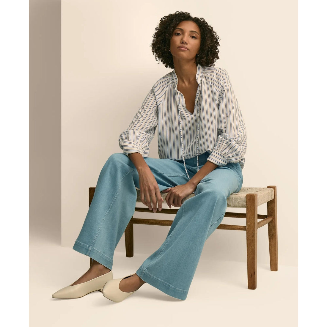 Relaxed Tie-Neck Stripe Peasant Blouse