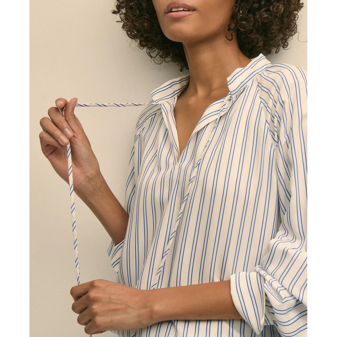 Relaxed Tie-Neck Stripe Peasant Blouse