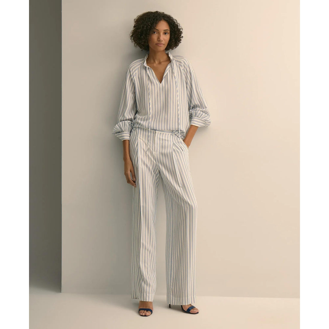 Relaxed Tie-Neck Stripe Peasant Blouse