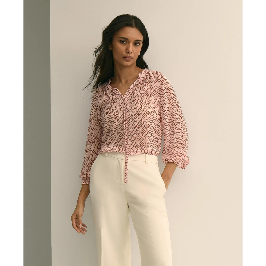 Silk Georgette Heart-Motif Peasant Blouse