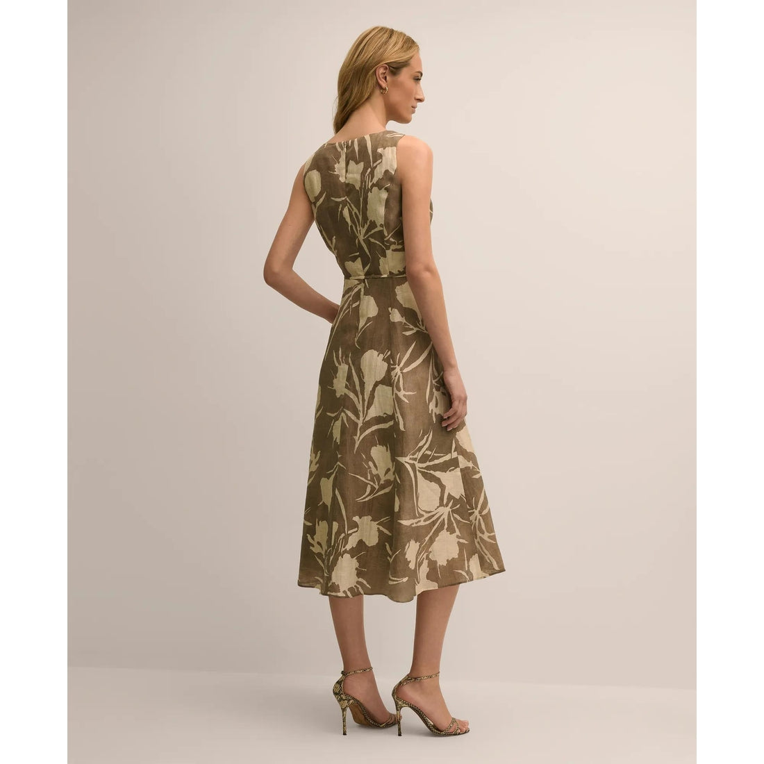 Linen Blend Belted Floral Print Dress