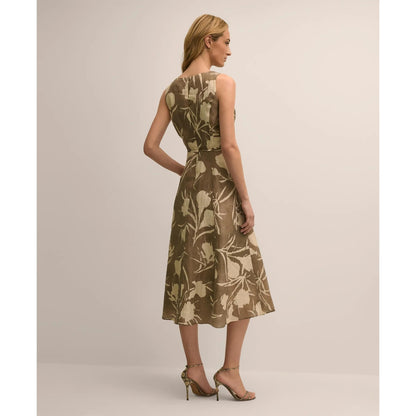 Linen Blend Belted Floral Print Dress