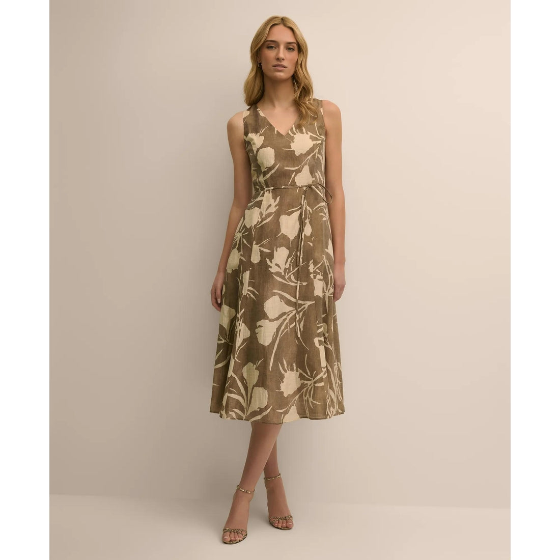 Linen Blend Belted Floral Print Dress