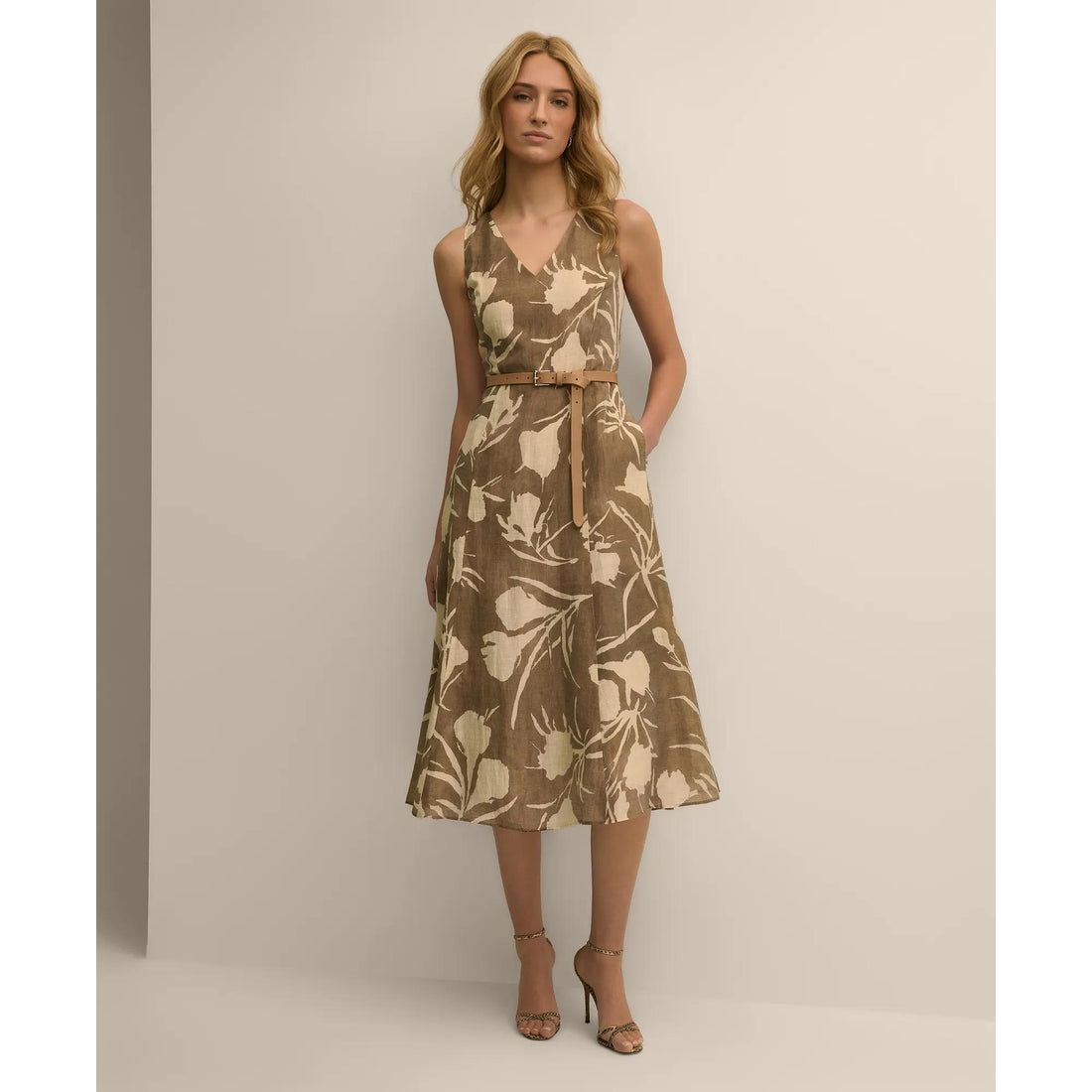 Linen Blend Belted Floral Print Dress