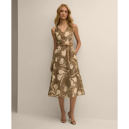 Linen Blend Belted Floral Print Dress