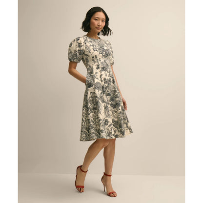 Cotton Blend Puff-Sleeve Floral Print Dress