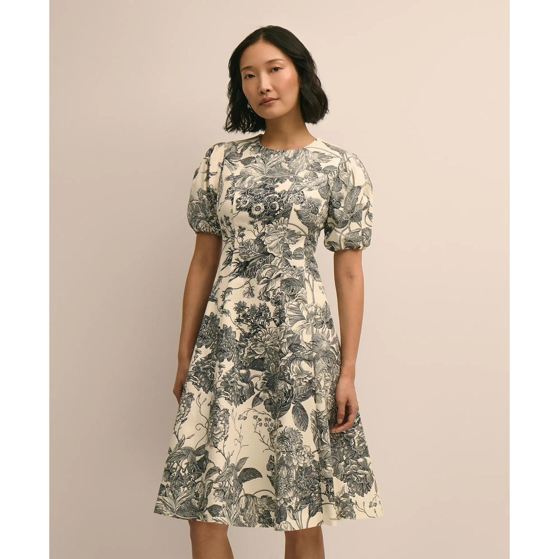 Cotton Blend Puff-Sleeve Floral Print Dress