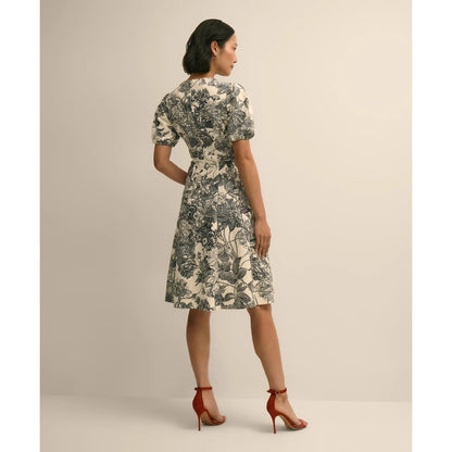 Cotton Blend Puff-Sleeve Floral Print Dress