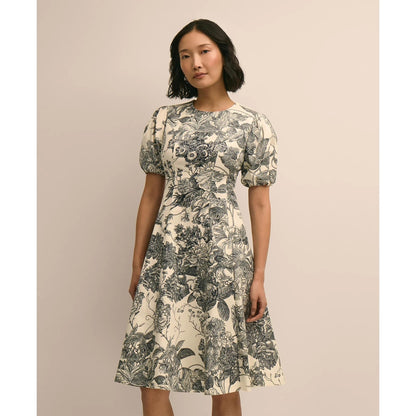 Cotton Blend Puff-Sleeve Floral Print Dress