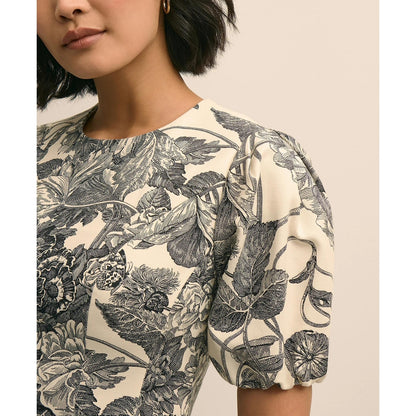 Cotton Blend Puff-Sleeve Floral Print Dress