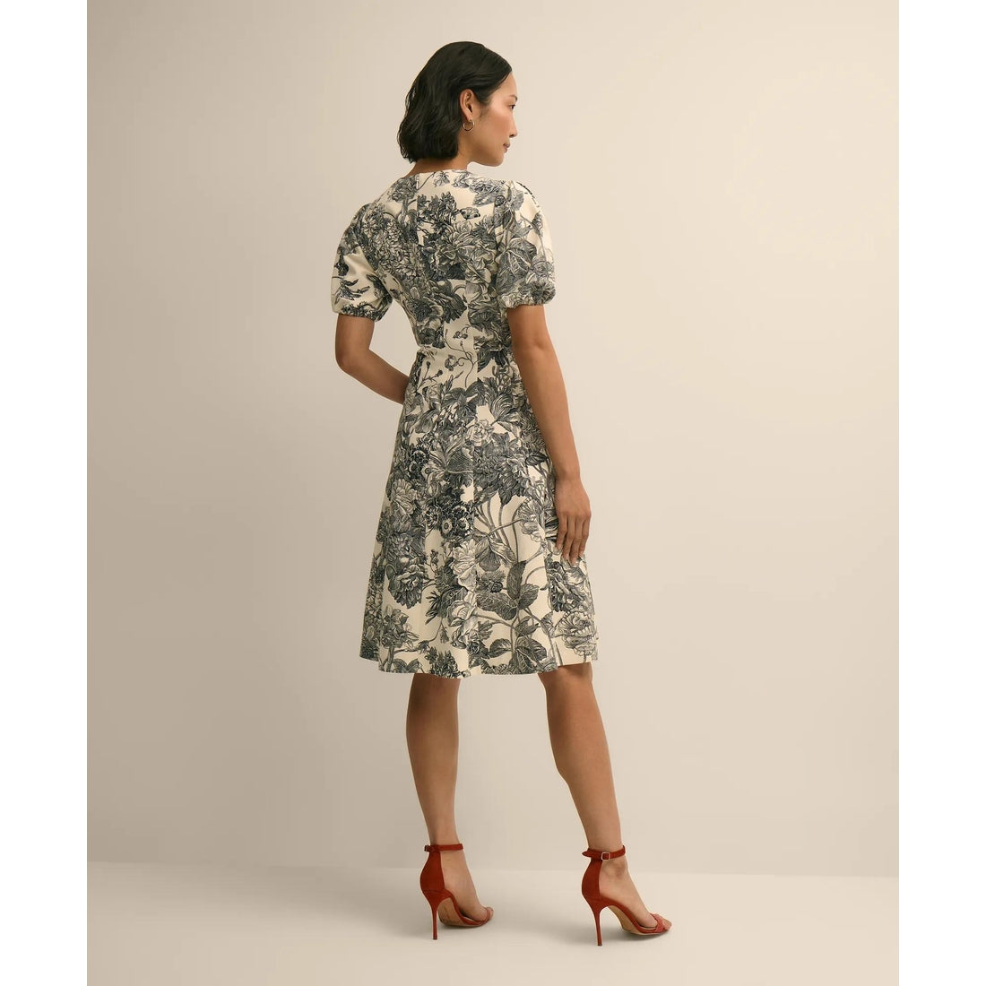 Cotton Blend Puff-Sleeve Floral Print Dress