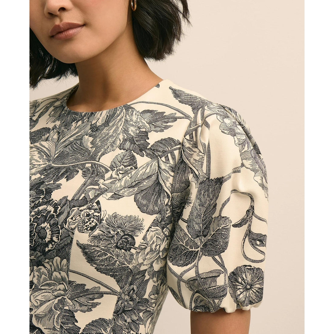 Cotton Blend Puff-Sleeve Floral Print Dress