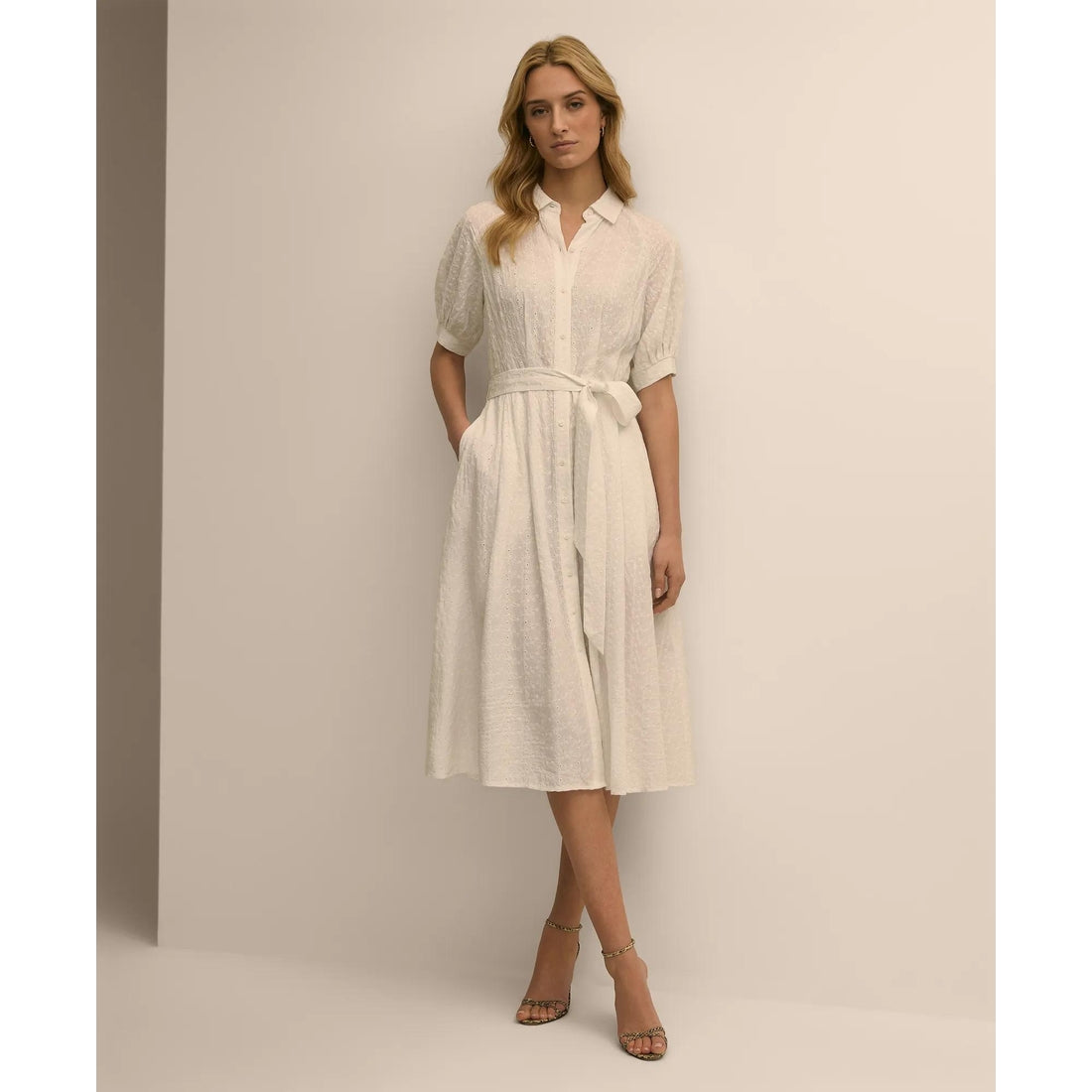 Embroidered Belted Shirt Dress