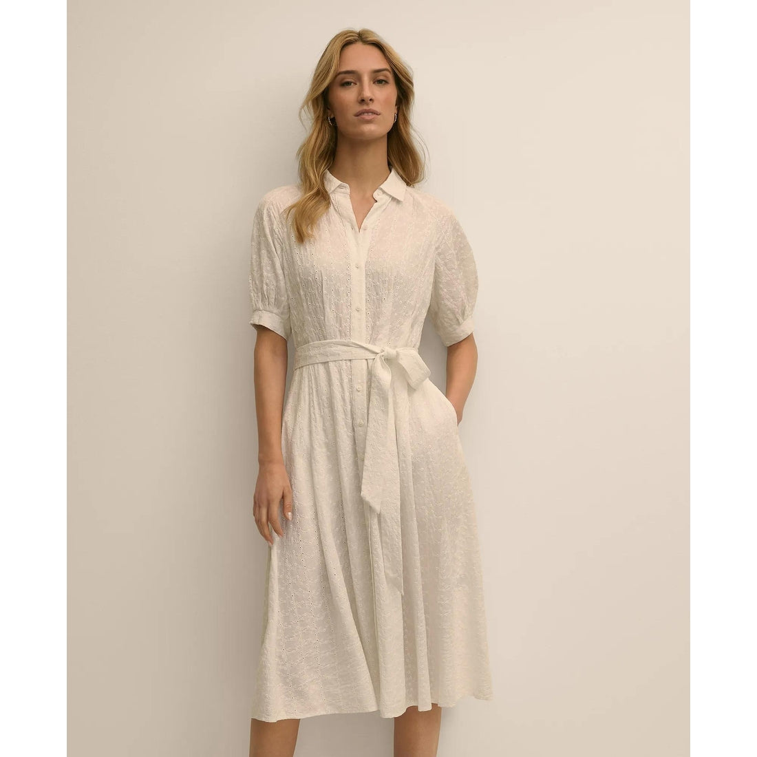 Embroidered Belted Shirt Dress
