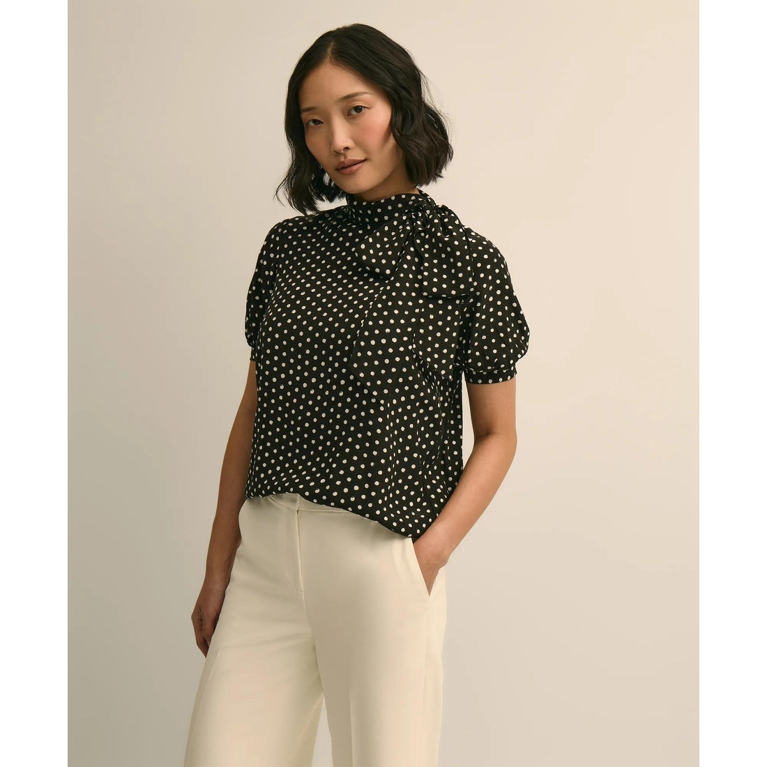 Dot-Print Tie-Neck Blouse