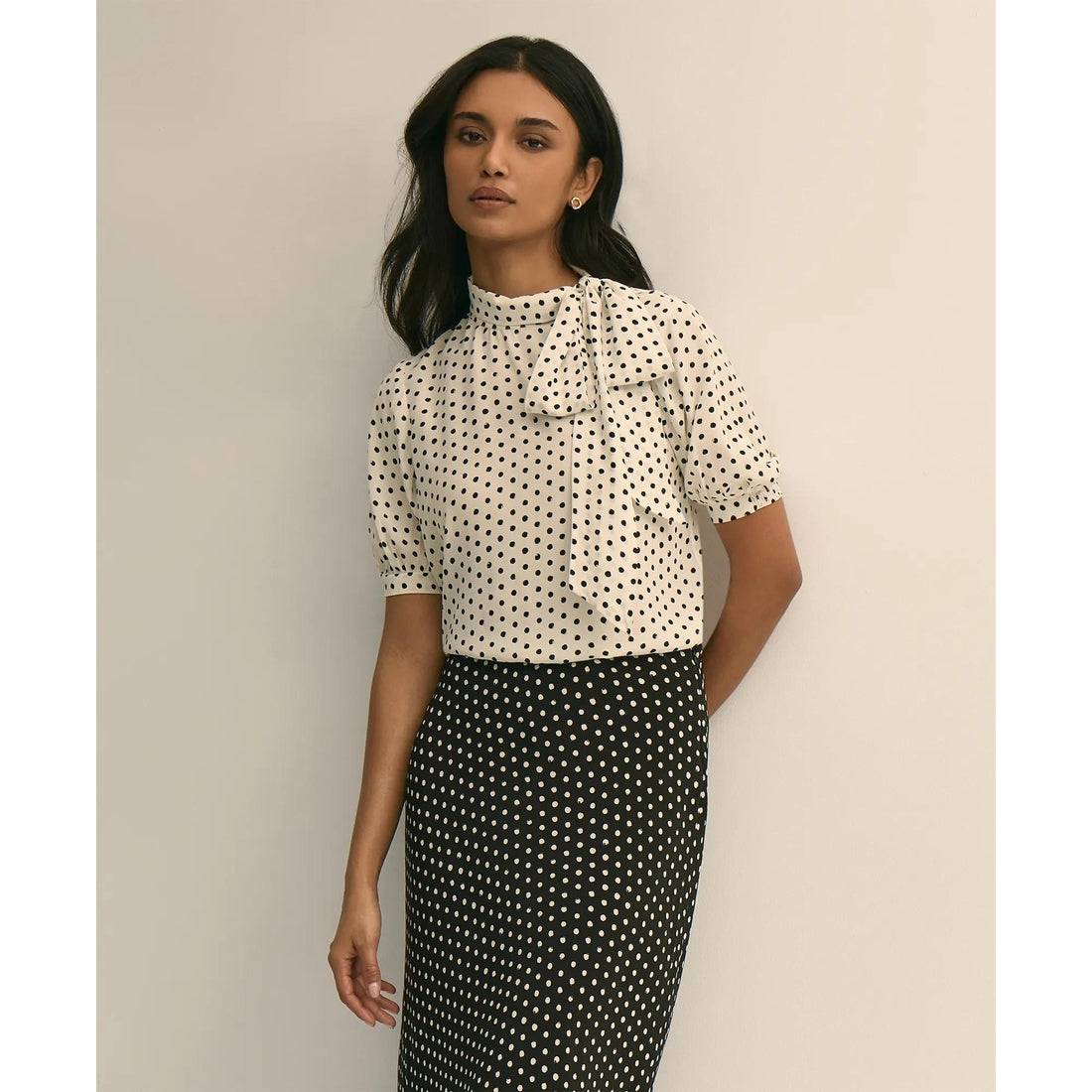 Dot-Print Tie-Neck Blouse