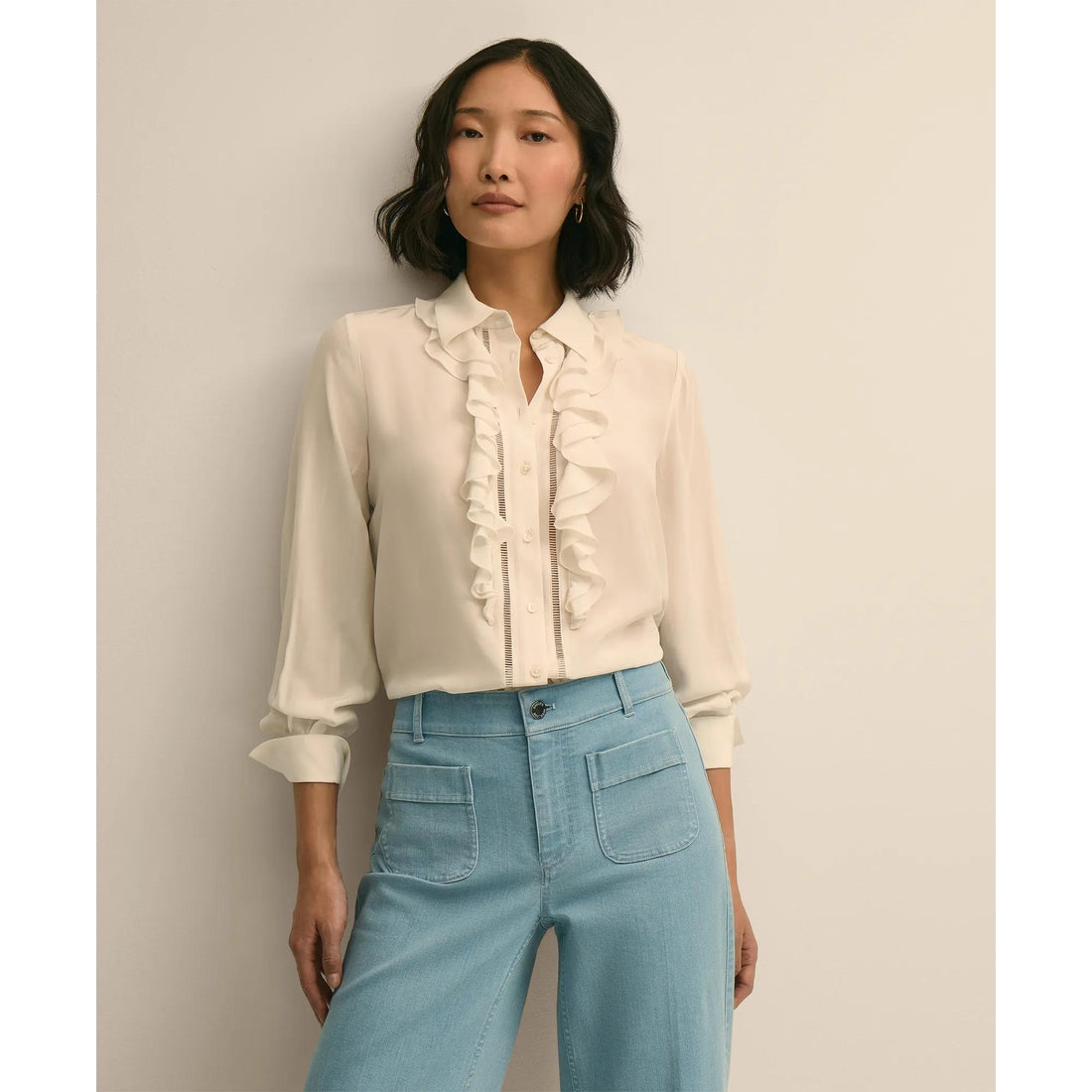 Viscose Ruffle Open-Stitch Placket Blouse