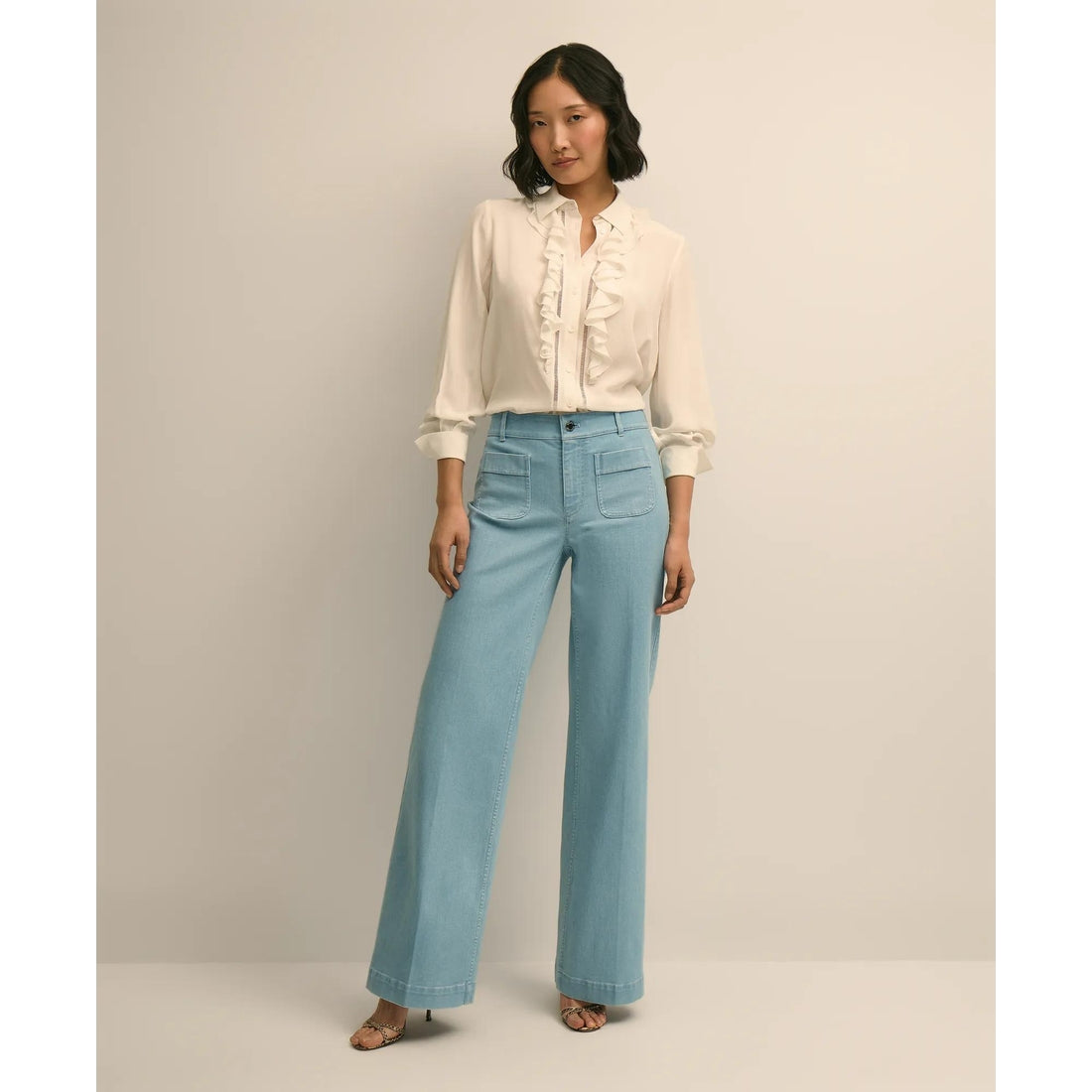 Viscose Ruffle Open-Stitch Placket Blouse