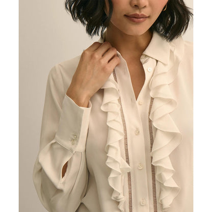 Viscose Ruffle Open-Stitch Placket Blouse