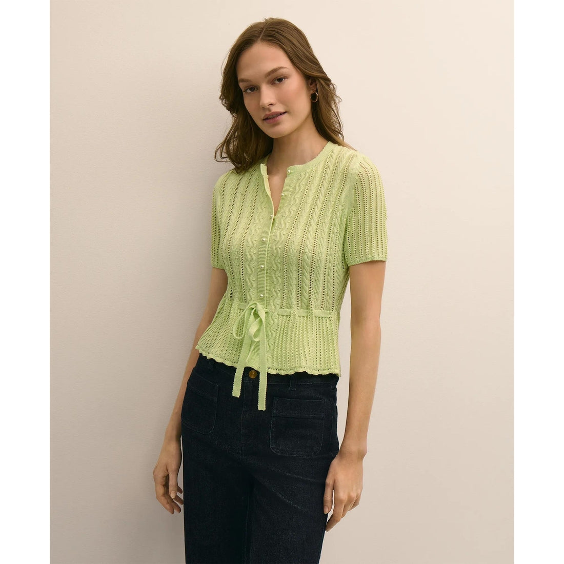 Short-Sleeve Pointelle Peplum Cardigan