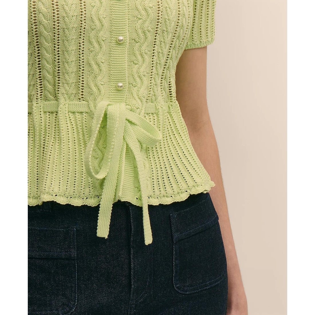 Short-Sleeve Pointelle Peplum Cardigan