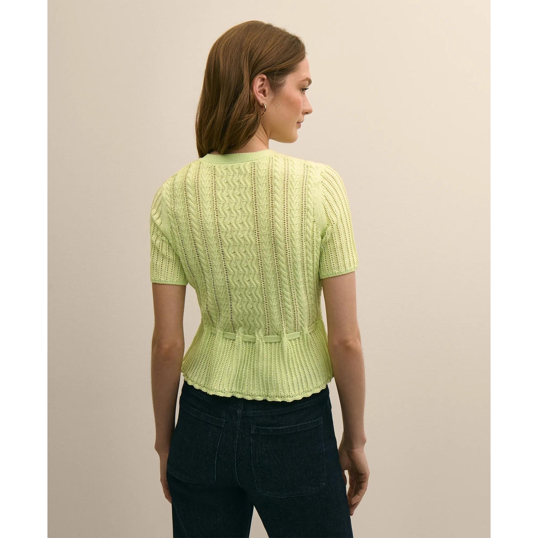 Short-Sleeve Pointelle Peplum Cardigan