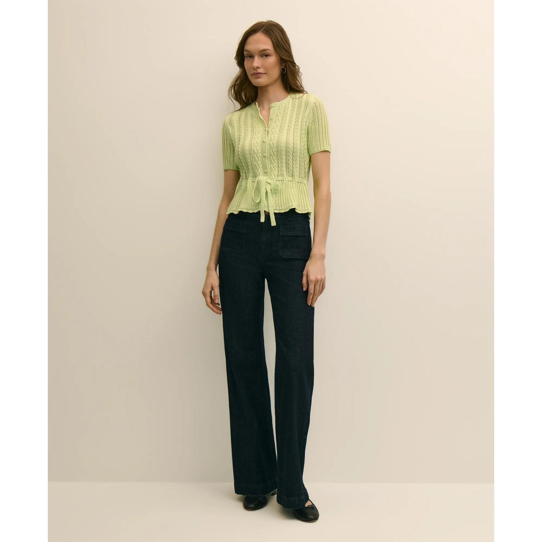 Short-Sleeve Pointelle Peplum Cardigan