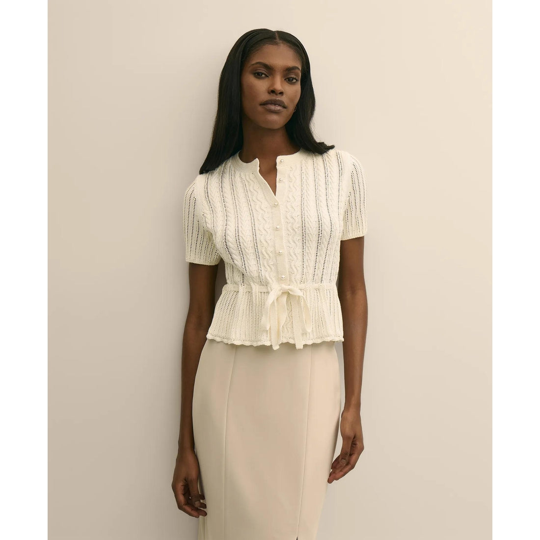 Short-Sleeve Pointelle Peplum Cardigan