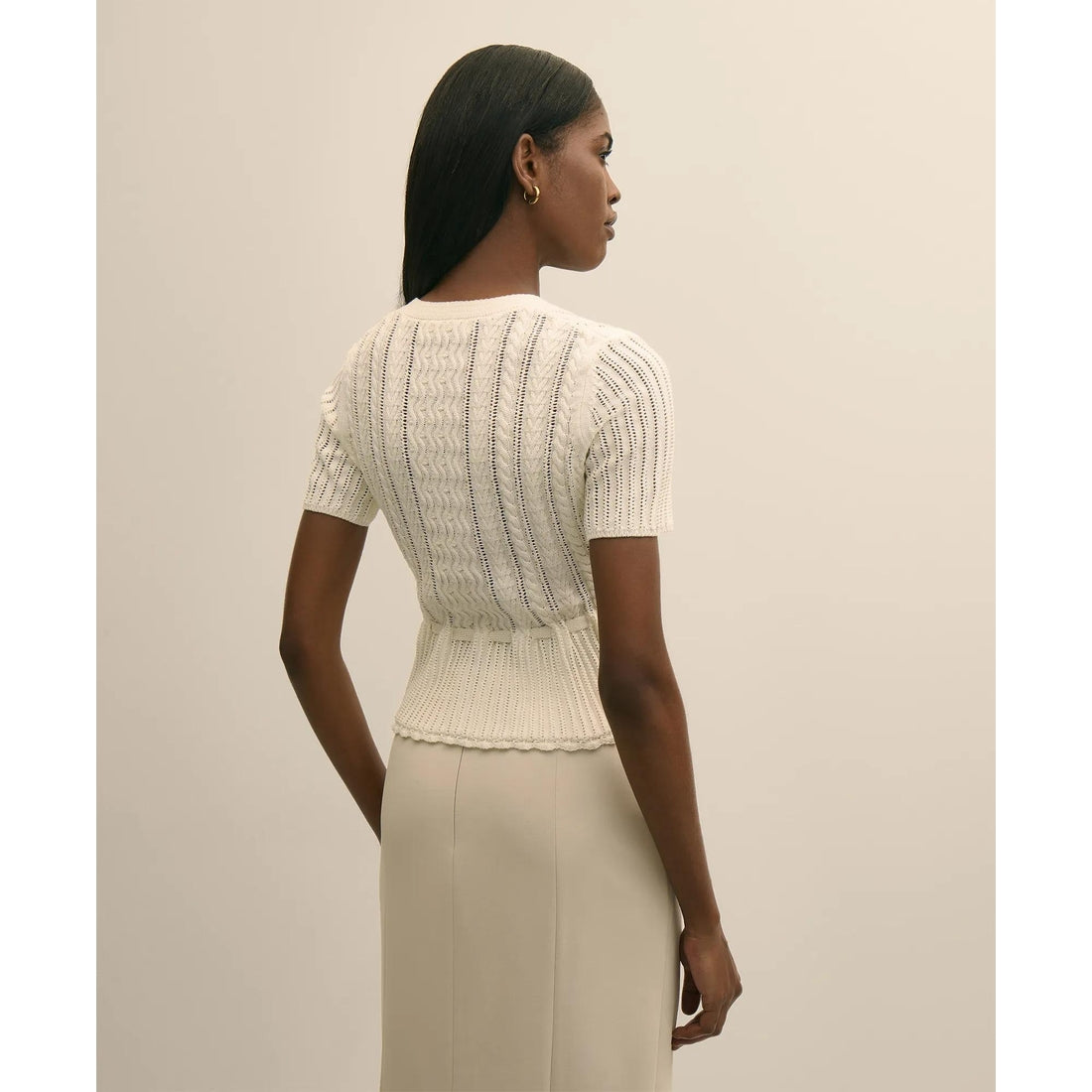 Short-Sleeve Pointelle Peplum Cardigan