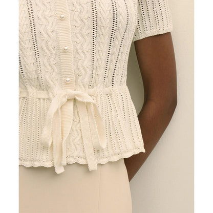 Short-Sleeve Pointelle Peplum Cardigan