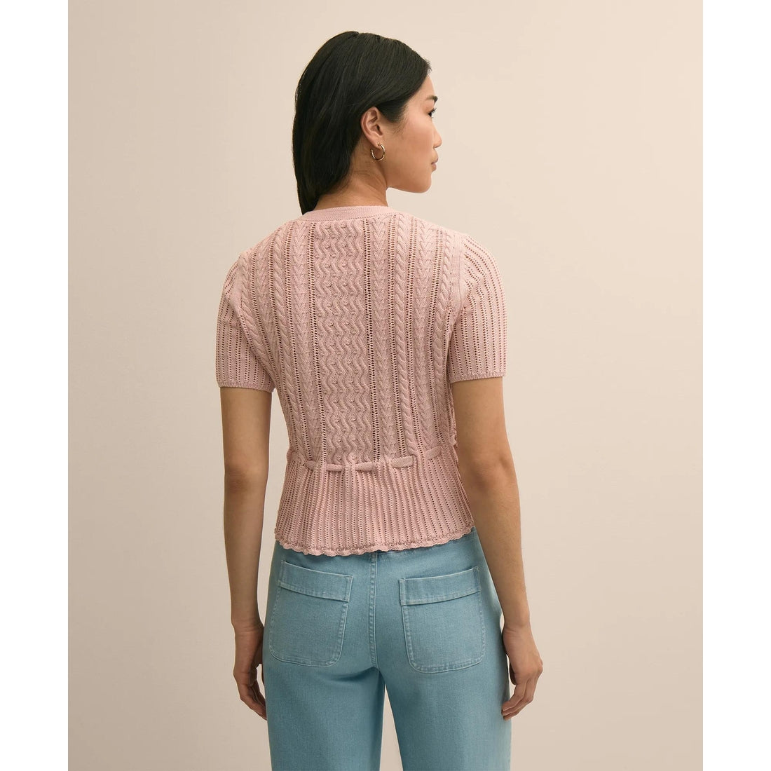 Short-Sleeve Pointelle Peplum Cardigan