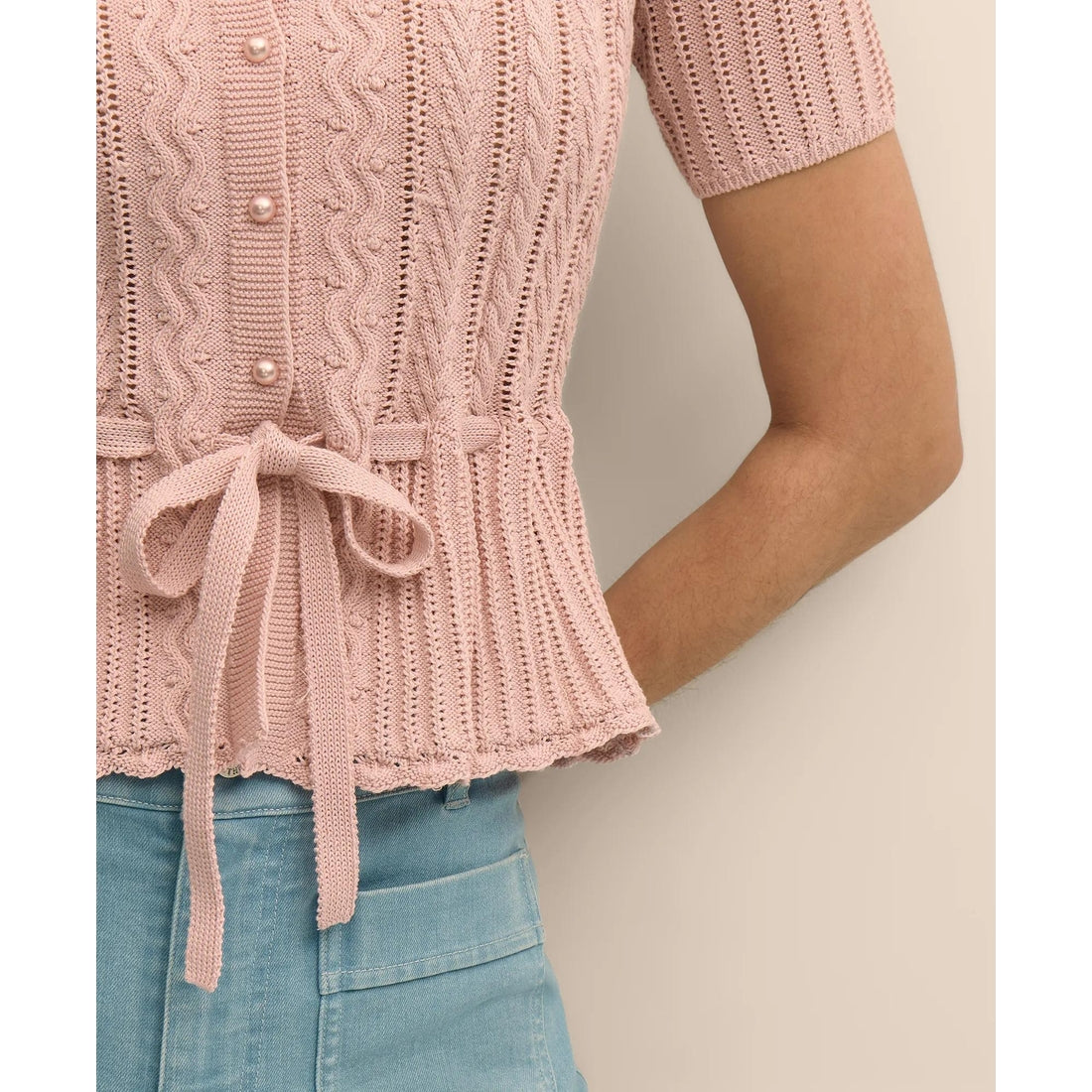 Short-Sleeve Pointelle Peplum Cardigan
