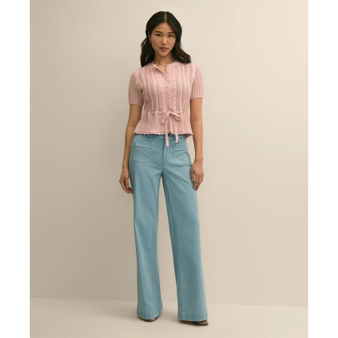Short-Sleeve Pointelle Peplum Cardigan