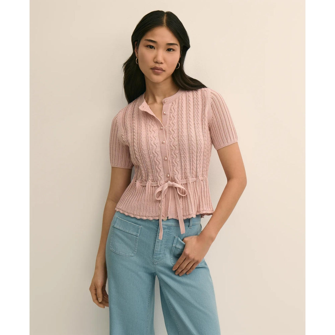 Short-Sleeve Pointelle Peplum Cardigan