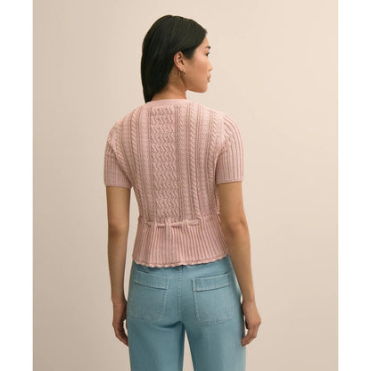 Short-Sleeve Pointelle Peplum Cardigan