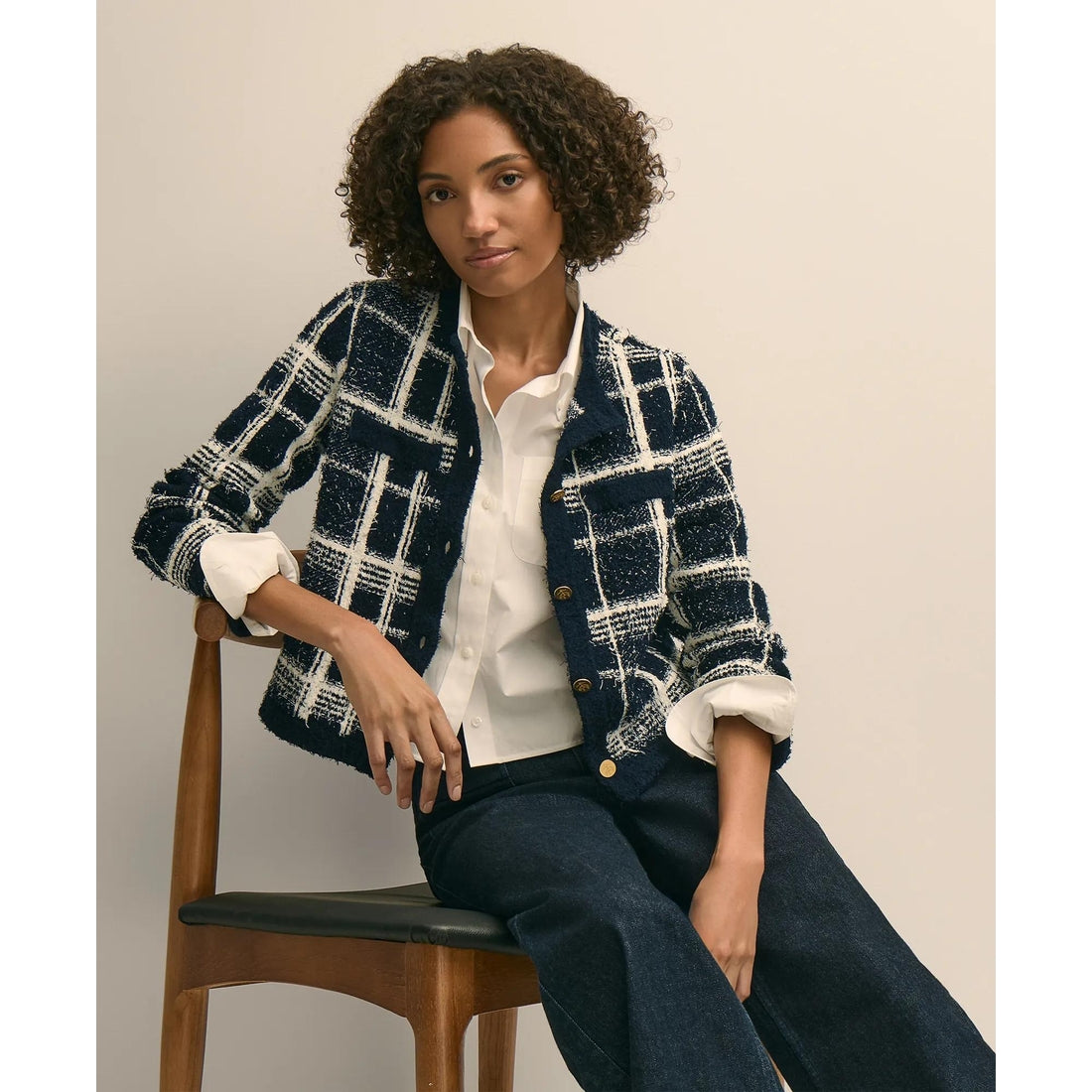 Cotton-Blend Soft Plaid Cardigan