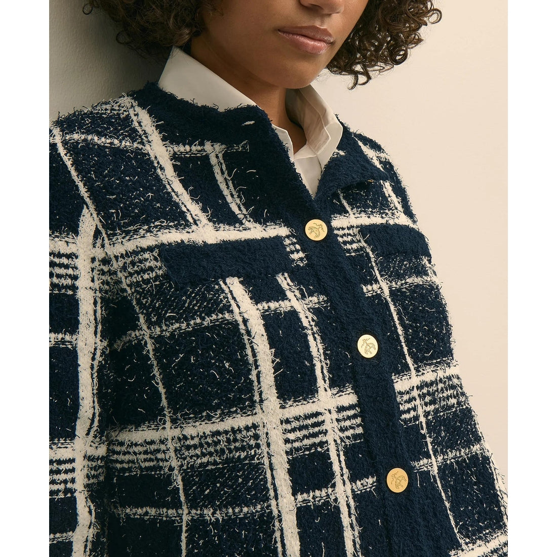Cotton-Blend Soft Plaid Cardigan