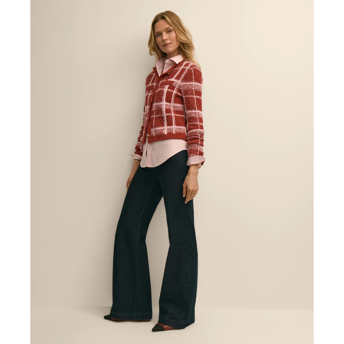 Cotton-Blend Soft Plaid Cardigan