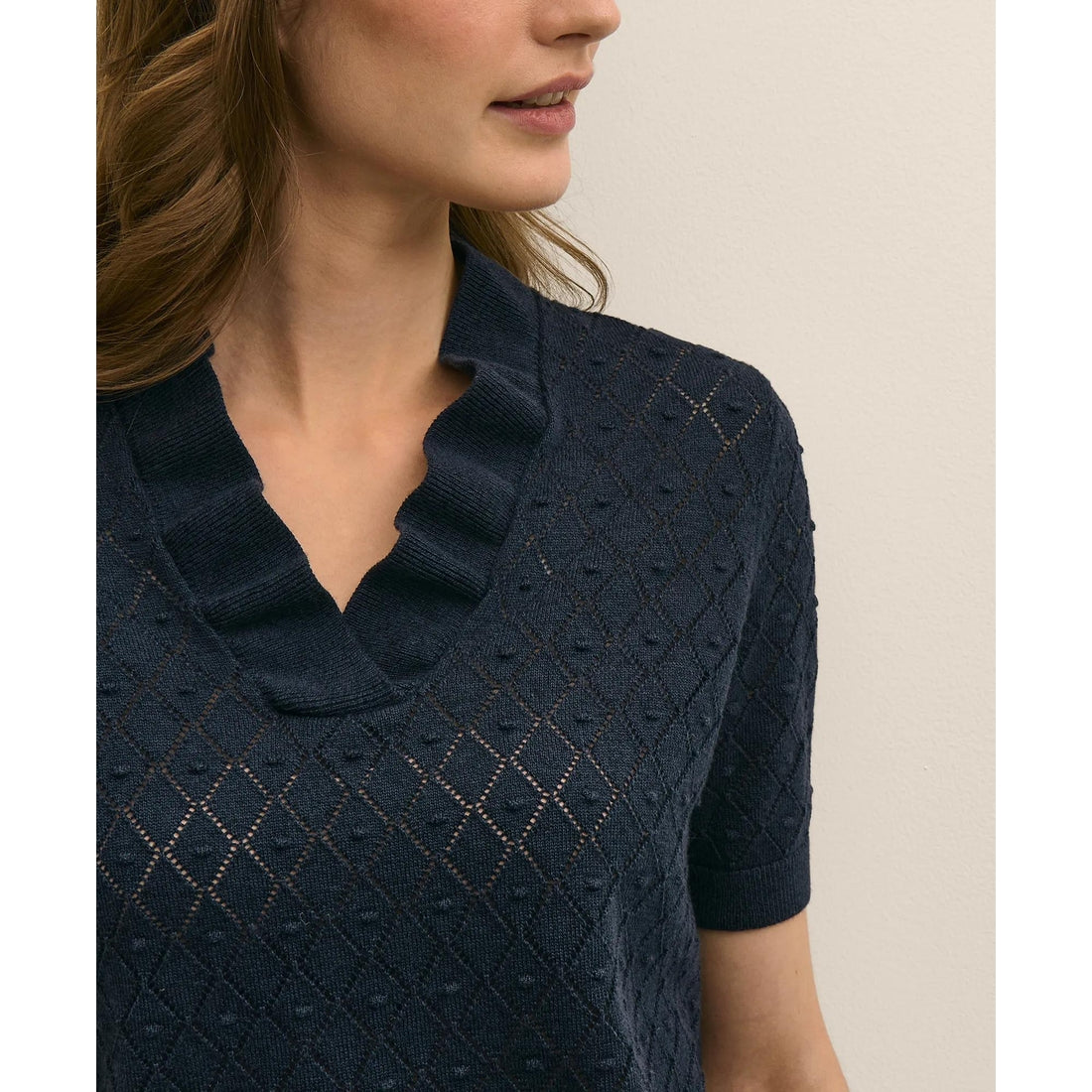 Cotton Viscose Short-Sleeve Ruffle Sweater