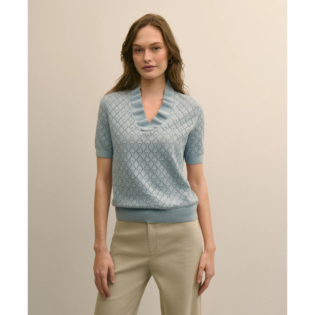 Cotton Viscose Short-Sleeve Ruffle Sweater