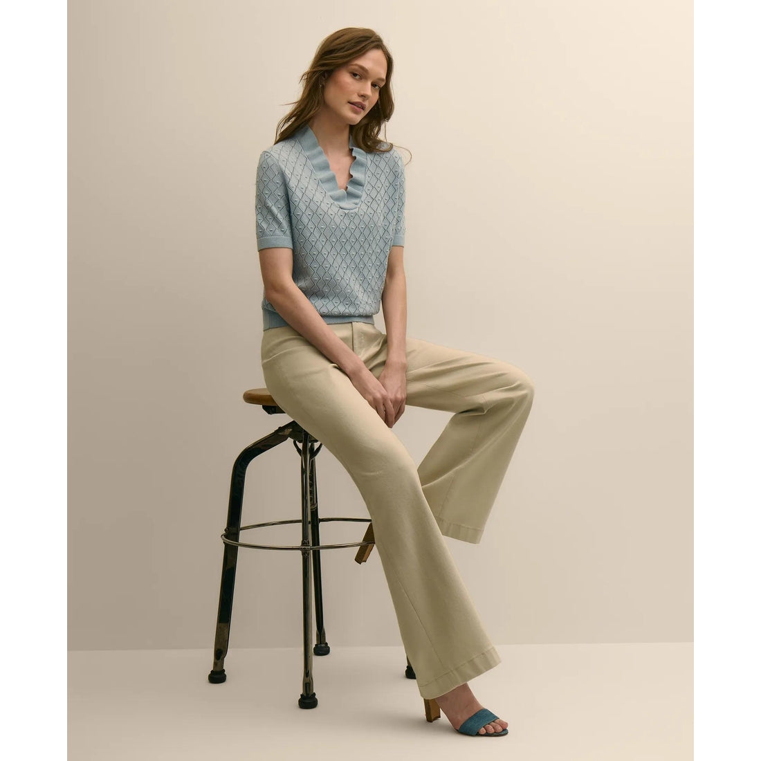 Cotton Viscose Short-Sleeve Ruffle Sweater
